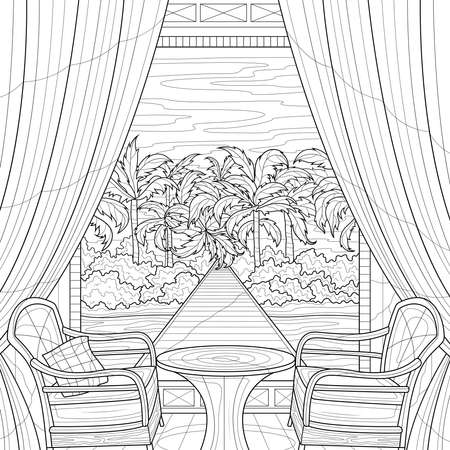 Veranda view of the palm trees.Coloring book antistress for children and adults.のイラスト素材