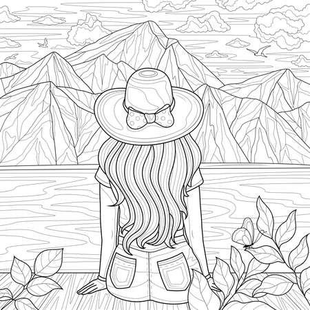 The girl in the hat sits backwards and looks at the mountains. Landscape.Coloring book antistress for children and adults. Illustration isolated on white background.Zen-tangle style. hand drawのイラスト素材