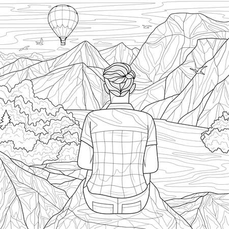The guy sits on a stone and looks at the landscape with mountains.Coloring book antistress for children and adults.のイラスト素材