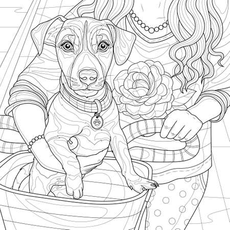 Girl with a dog in a bicycle basket.Jack Russell.Coloring book antistress for children and adults.のイラスト素材