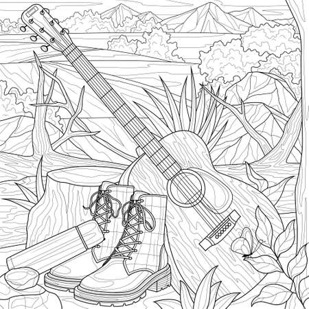 Guitar and boots in nature.Musical instrument.Coloring book antistress for children and adults.のイラスト素材
