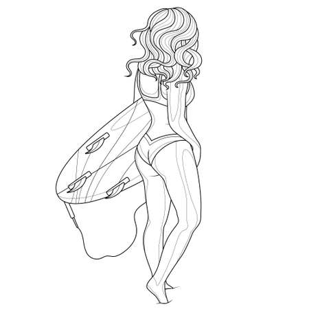 Surfer girl.Coloring book antistress for children and adults. Illustration isolated on white background.のイラスト素材