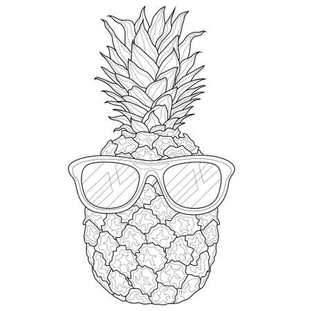 Pineapple in glasses .Coloring book antistress for children and adults. Illustration isolated on white background.Zen-tangle style. hand drawのイラスト素材