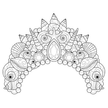 Crown with seashells.Coloring book antistress for children and adults.のイラスト素材