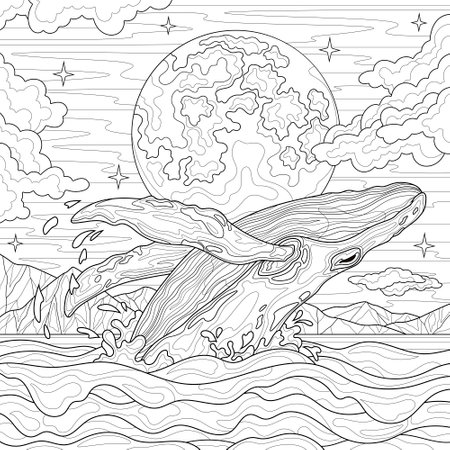 Whale in the sea and full moon.Coloring book antistress for children and adults.のイラスト素材