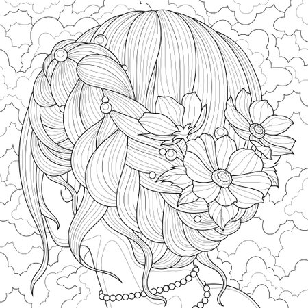 Girl with flowers in her hair.Coloring book antistress for children and adults.のイラスト素材