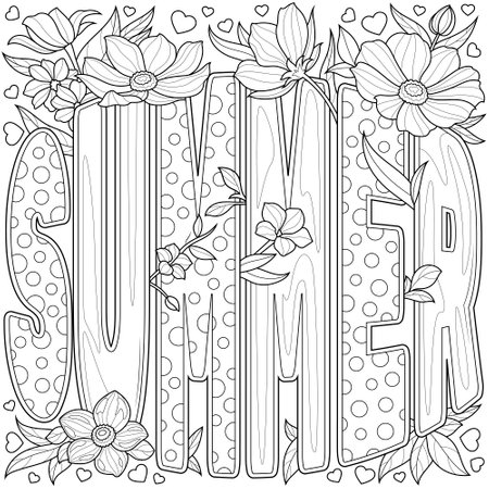 Summer word with flowers and leaves.Coloring book antistress for children and adults.のイラスト素材