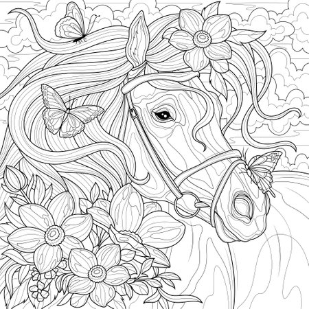 Horse with flowers and butterflies.Coloring page antistress for children and adults.のイラスト素材