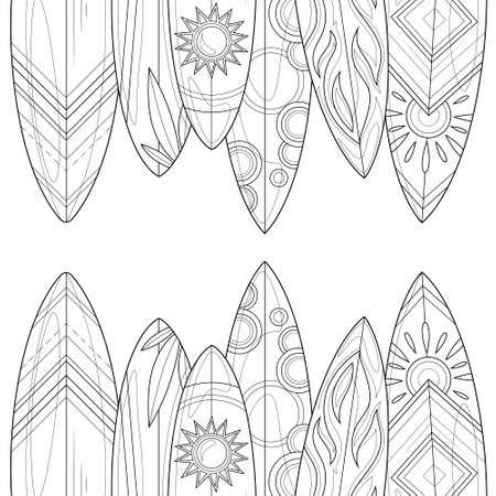 Frame with surf boards.Coloring book antistress for children and adults. Illustration isolated on white background.のイラスト素材