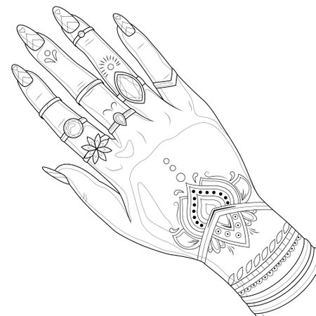 Indian womans hand with jewelry and henna.Coloring page antistress for children and adults.のイラスト素材