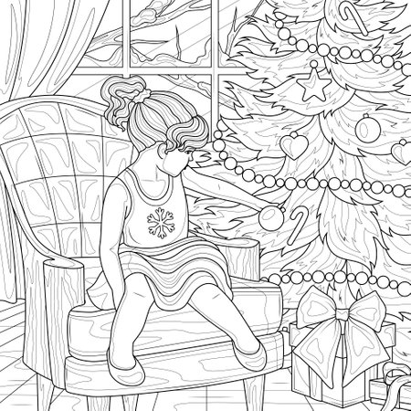 The girl is sitting near the Christmas tree. Coloring book antistress for children and adults.のイラスト素材