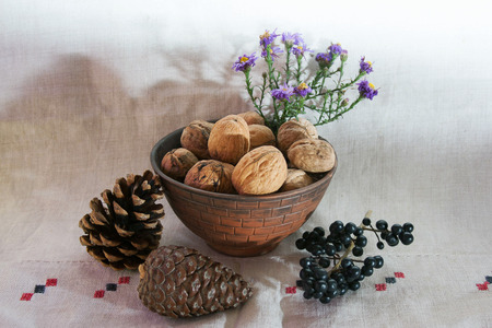 Walnuts bowl, cones and flowers on rustic background