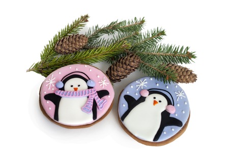 New Year gingerbread decorated with glaze and branches of Christの写真素材