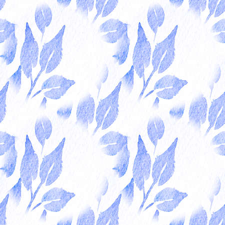 Seamless Natural Vegetal Acrylic Paint. Phantom Blue Ornamental Leafy Watercolor Print. Lavender...