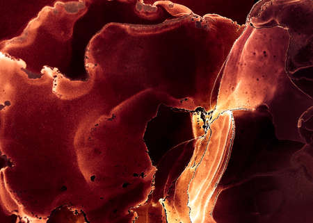 Scattered Acrylic Blobs. Brown Mustard Fluid Ink Artwork. Yellow Copper Fire Flow Background. Gold...