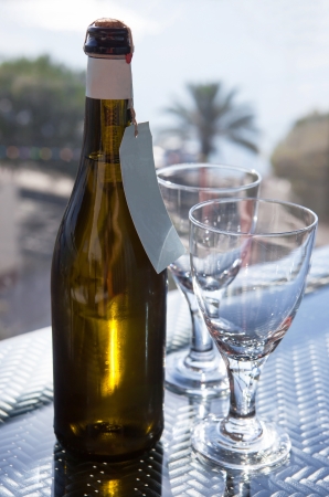 Bottle of sparkling wine  with a two glasses の写真素材