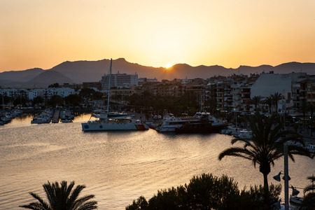 Evening sea views of Alcudia city of Majorca Islandの写真素材
