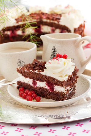 Piece of fresh homemade Black Forest cake with cherry and chocolateの写真素材