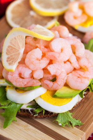 Fresh sandwich with shrimp and egg in Swedish styleの写真素材