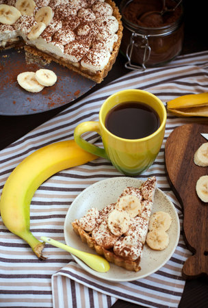 Banoffee pie (banana and toffee) on the tableの写真素材