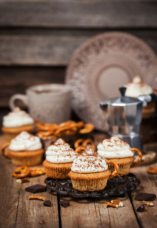 Delicious coffee cupcakes decorated like a cappuccino cupの写真素材