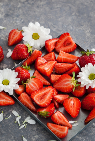 Fresh ripe strawberry on gray backgroundの写真素材