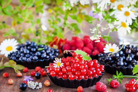 Fresh ripe summer berries - red currant in the foreground and black currant, blueberry, raspberry on backgroundの写真素材
