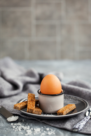 Boiled egg with rye toasts for breakfast