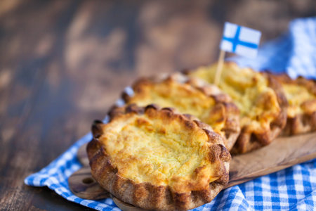 Finnish or Karelian traditional pasties (Karjalanpiirakat) - rye pies with mashed potato or rice fillingの写真素材