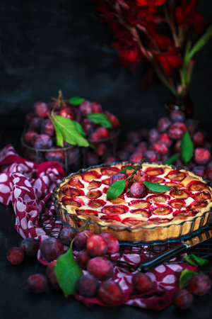 Fresh homemade plum tart or cake on dark backgroundの写真素材
