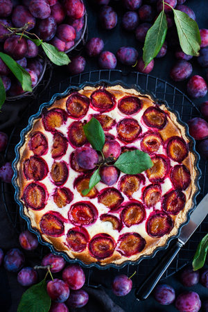 Fresh homemade plum tart or cake on dark backgroundの写真素材