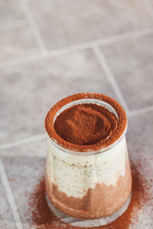Healthy delicious tiramisu chia seeds pudding dessertの写真素材