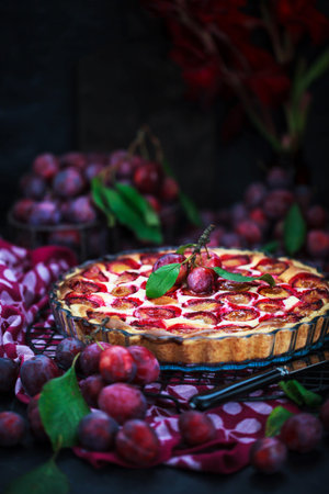 Fresh homemade plum tart or cake on dark backgroundの写真素材