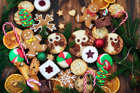Sweet Christmas cookies on rustic table, top viewの写真素材
