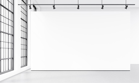 Modern gallery with blank white billboard. Front view. 3d renderingの写真素材