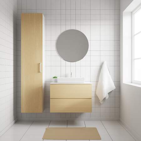 Bathroom interior with white walls and sink standing on a wooden shelfの写真素材