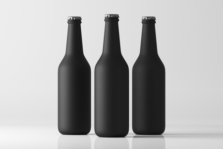 Three black frosted bottles on white background. Mock up. 3d renderingの写真素材