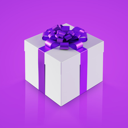 White gift box with purple ribbon. Concept for women and holidays. Side view.の写真素材