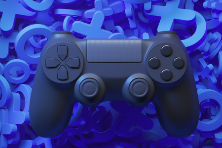 Black joystick isolated on blue background with symbols.の写真素材