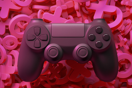 Game joystick on pink background x, zero, cross.