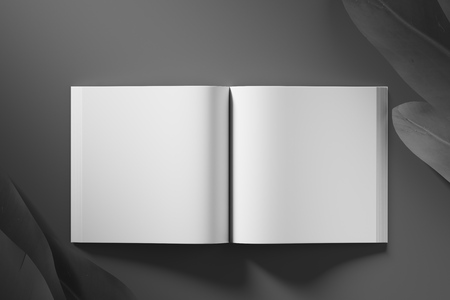 Blank white book unfolded on black matte background with tropical colors. Top view. Mock up.の写真素材