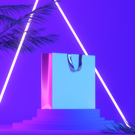 White paper bag on the cylinder podium. Neon purple light. The concept of shopping. Mock up.の写真素材