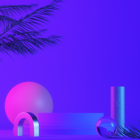 Neon light. Empty cylinder podium. Purple and blue neon shapes with leaves. Mock up.の写真素材