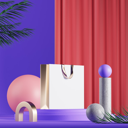 White paper bag with fabric handles on a bright red background. Abstract geometric pink purple shapes with leaves. Mock up.の写真素材