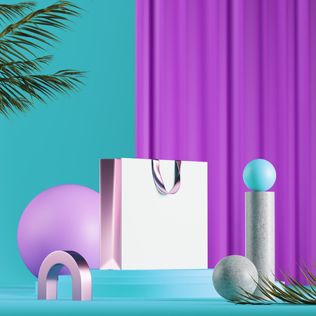 White paper bag with pink fabric handle on bright background. Abstract geometric pink blue shapes. Mock up.の写真素材