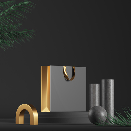 White paper bag with a gold fabric pen on the podium of the cylinder. Abstract geometric Golden black shapes on grey background. Mock up. 3d renderingの写真素材
