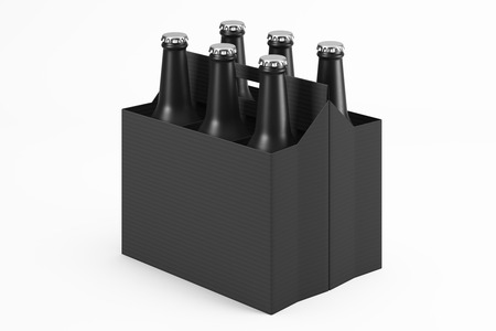 Cardboard box filled with black frosted glass bottles for drinks on a light background. Side view. Mock up. 3d renderingの写真素材