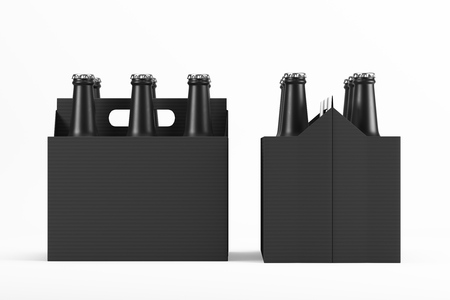 Matte glass black bottles in cardboard boxes on light background. Mock up. 3d renderingの写真素材