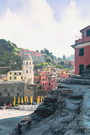 View on the colorful houses along the coastline of Cinque Terre area in Vernazza.