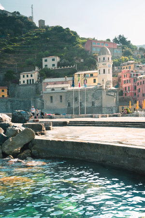Vernazza, Italy, La Specia Province, Liguria Regione, 08 august, 2018: View on the colorful houses along the coastline of Cinque Terre area in Vernazza.のeditorial素材